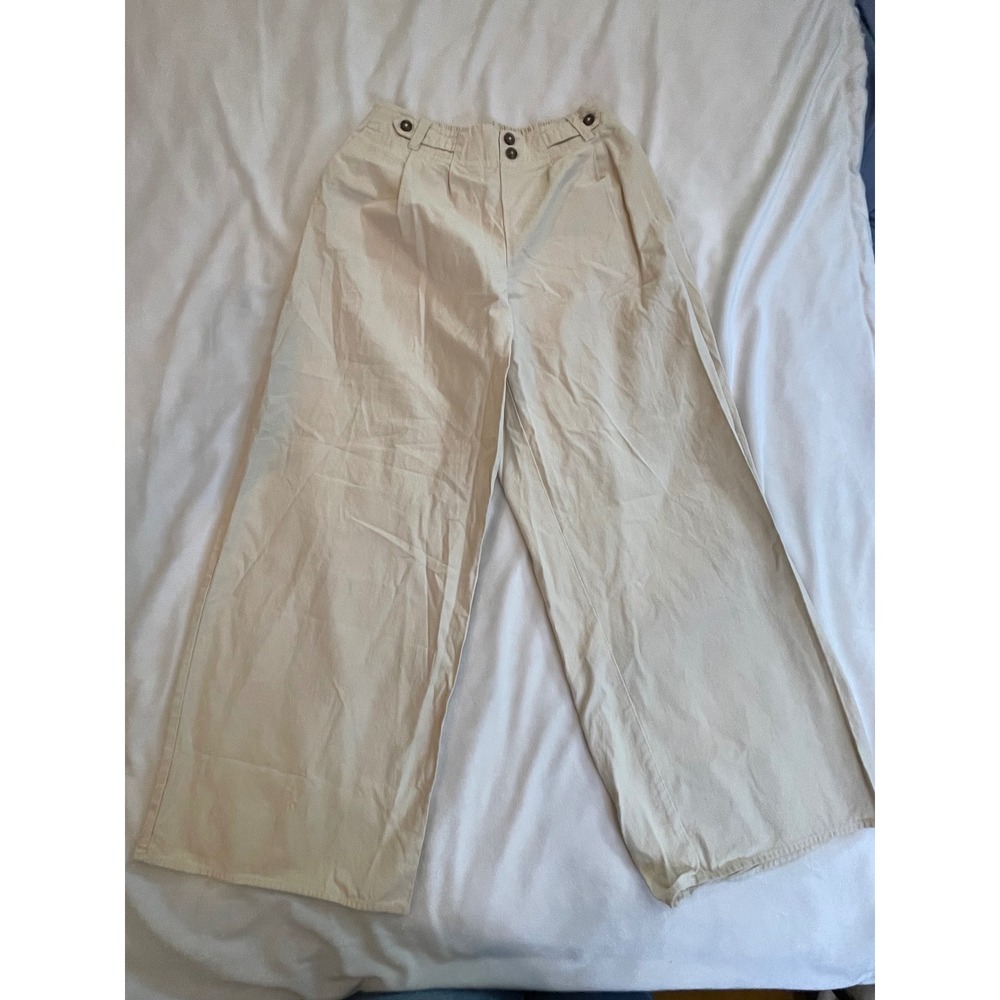 Sienna Sky Womens Wide Leg Pleated Trousers Beige High Waist Elastic Back Size M